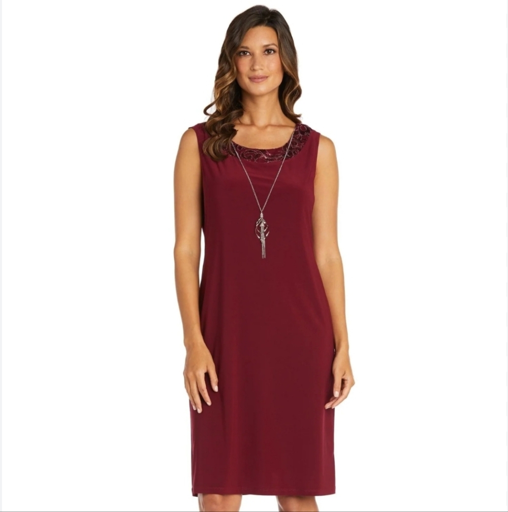 Burgundy Sleeveless Shift Dress w/ Sparkle Trim, Sz 12
